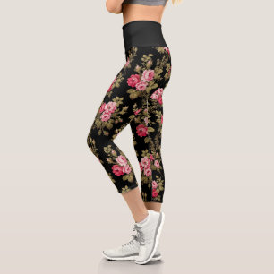 Elegant Vintage Pink Roses-Black Background Capri Leggings