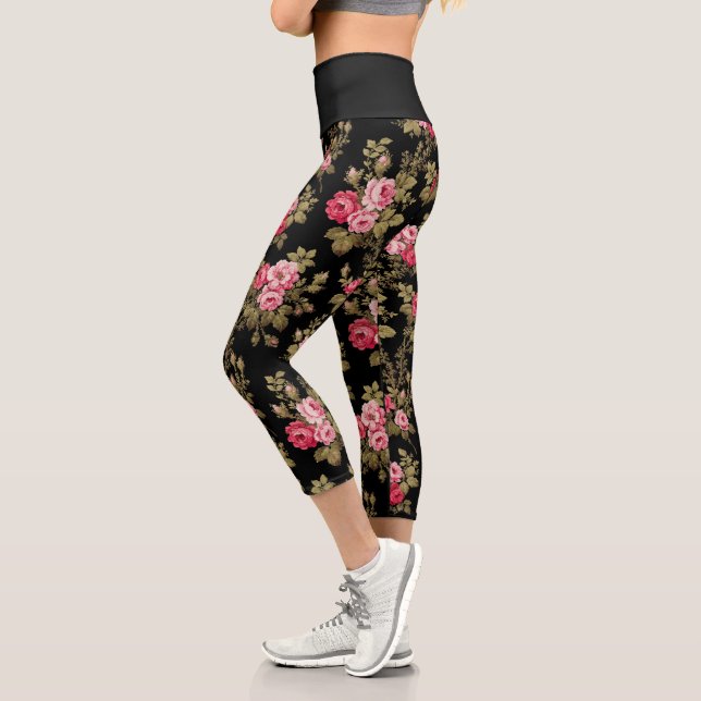Elegant Vintage Pink Roses-Black Background Capri Leggings (Left)
