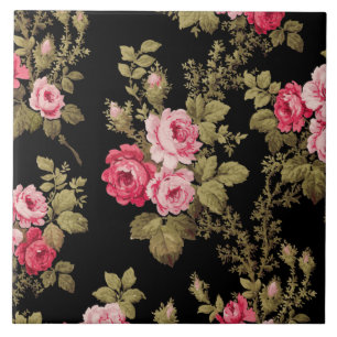 Elegant Vintage Pink Roses-Black Background Ceramic Tile