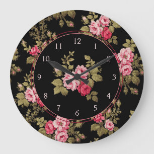 Elegant Vintage Pink Roses-Black Background Large Clock