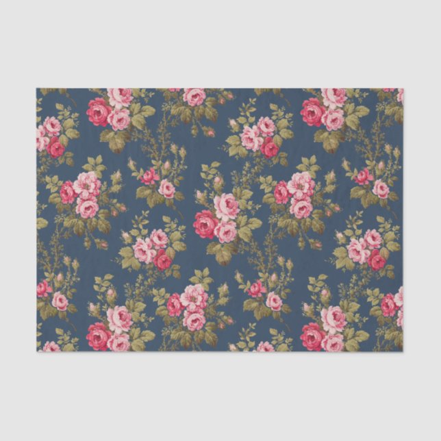 Elegant Vintage Pink Roses-Blue Background Tissue Paper (Front)