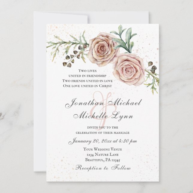 Elegant Vintage Pink Roses Christian Wedding Invitation (Front)