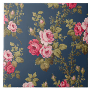 Elegant Vintage Pink Roses on Blue Background Ceramic Tile