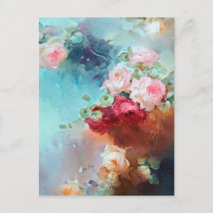 Elegant Vintage Pink Roses Watercolor Painting Postcard
