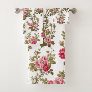 Elegant Vintage Pink Roses-White Background Bath Towel Set