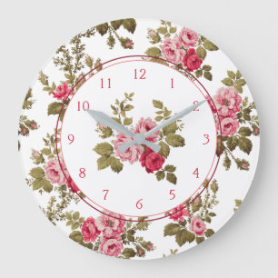 Elegant Vintage Pink Roses-White Background Large Clock
