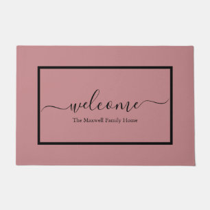 Elegant vintage pink script family name welcome doormat