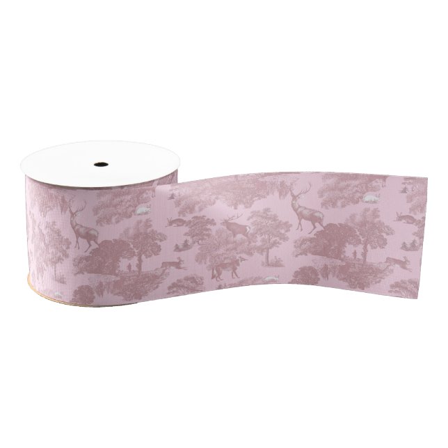 Elegant Vintage Pink Toile Deer Woodland Grosgrain Ribbon (Spool)