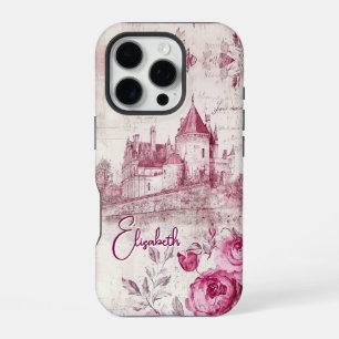Elegant Vintage Pink Toile Monogram Castle Floral iPhone 16 Pro Case