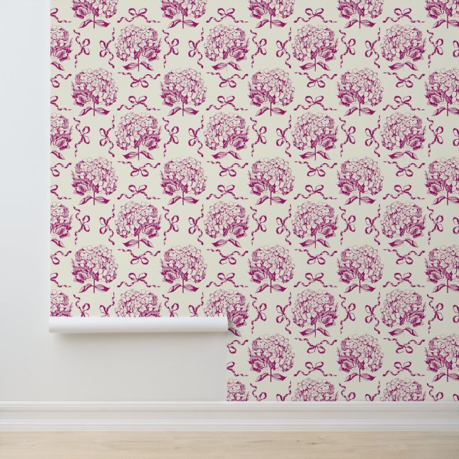 Elegant Vintage Pink White Hydrangea Bow Pattern Wallpaper (Application)