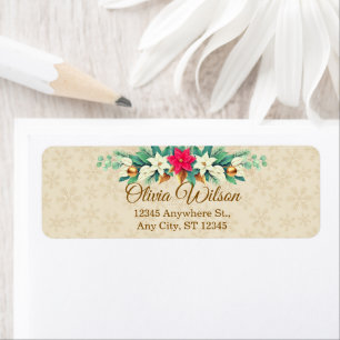 Elegant Vintage Poinsettia and Snowflake Holiday Return Address Label