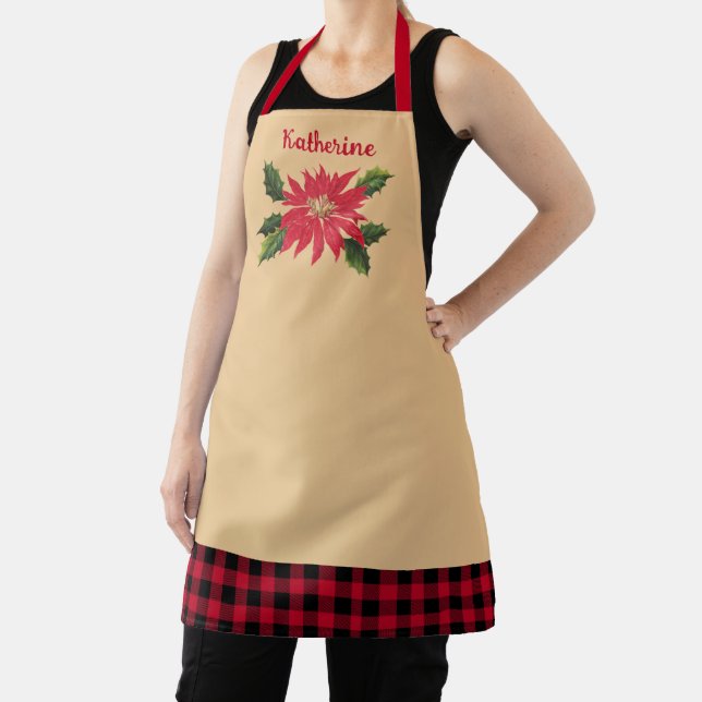 Elegant Vintage Poinsettia Flower Beige Name Apron (Insitu)