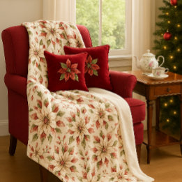 Elegant Vintage Poinsettia Winter  Fleece Blanket