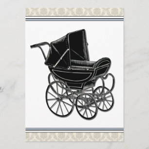 Elegant Vintage Pram Beige Damask Baby Shower Invitation