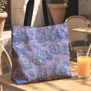 Elegant vintage purple blue toile de jouy printed tote bag