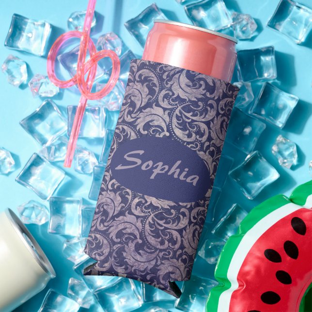 Elegant Vintage Purple Damask Pattern Seltzer Can Cooler (In Situ Summer)