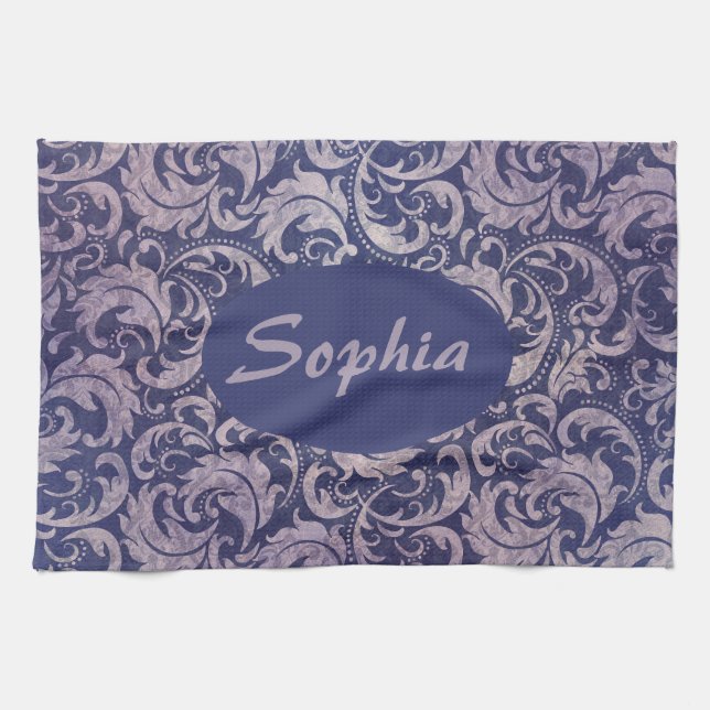 Elegant Vintage Purple Damask Pattern Tea Towel (Horizontal)