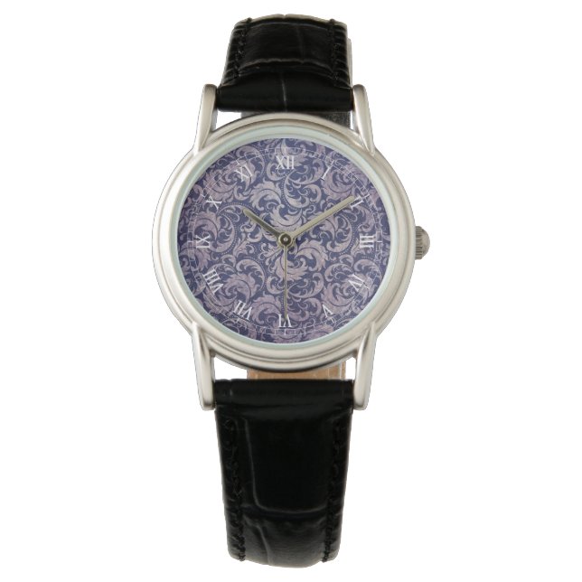 Elegant Vintage Purple Damask Pattern Watch (Front)