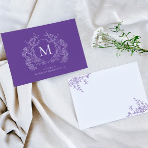Elegant Vintage Purple Floral Crest Monogram Card