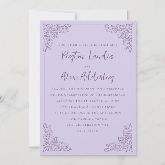 Elegant Vintage Purple Lilac Wedding Invitation (Front)