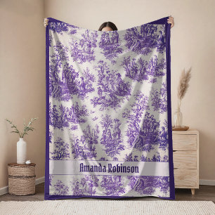 Elegant vintage purple toile de jouy monogram fleece blanket