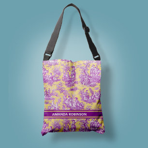 Elegant vintage purple yellow toile d jouy printed crossbody bag