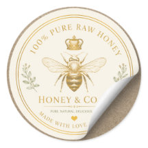 Elegant Vintage Raw Honey Round Sticker Label | Cu