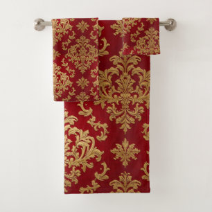 Elegant Vintage Red and Gold Royal Damask Pattern Bath Towel Set