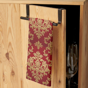 Elegant Vintage Red and Gold Royal Damask Pattern Tea Towel