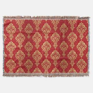 Elegant Vintage Red and Gold Royal Damask Pattern Throw Blanket