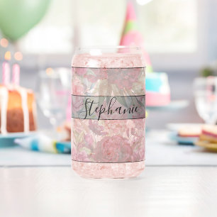 Elegant Vintage Red and Pink Floral Monogram Can Glass