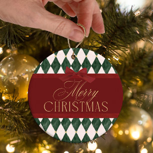 Elegant Vintage Red Bow Green Christmas Photo Ceramic Ornament
