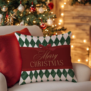 Elegant Vintage Red Bow Green Merry Christmas Cushion