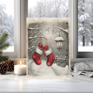 Elegant Vintage Red Christmas Stockings Card
