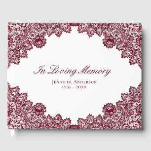 Elegant Vintage Red Floral Lace Memorial Funeral Guest Book
