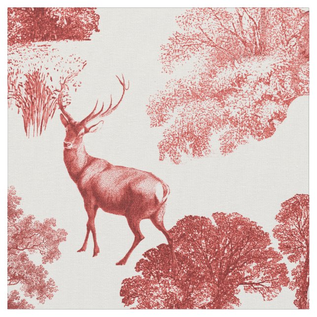 Elegant Vintage Red French Country Toile Deer Fabric (Close Up)
