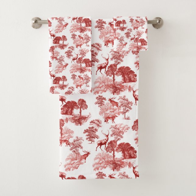 Elegant Vintage Red French Toile Deer Bath Towel Set (Insitu)