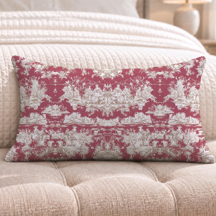 Elegant vintage red lake toile de jouy lumbar cushion
