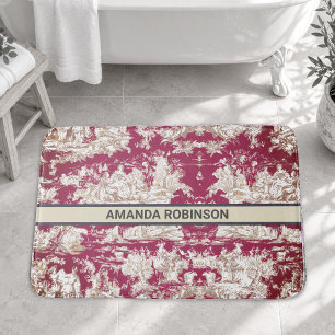 Elegant vintage red lake toile de jouy monogram bath mat