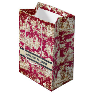 Elegant vintage red lake toile de jouy monogram medium gift bag