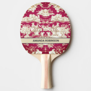 Elegant vintage red lake toile de jouy monogram ping pong paddle