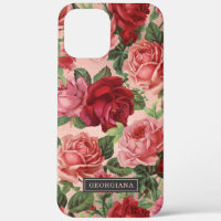 Elegant Vintage Red Pink Rose Floral Custom Name
