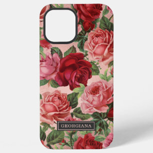 Elegant Vintage Red Pink Rose Floral Custom Name   iPhone 12 Pro Max Case