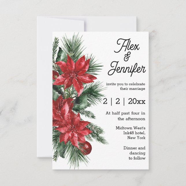 elegant vintage red poinsettia and pine wedding  invitation (Front)