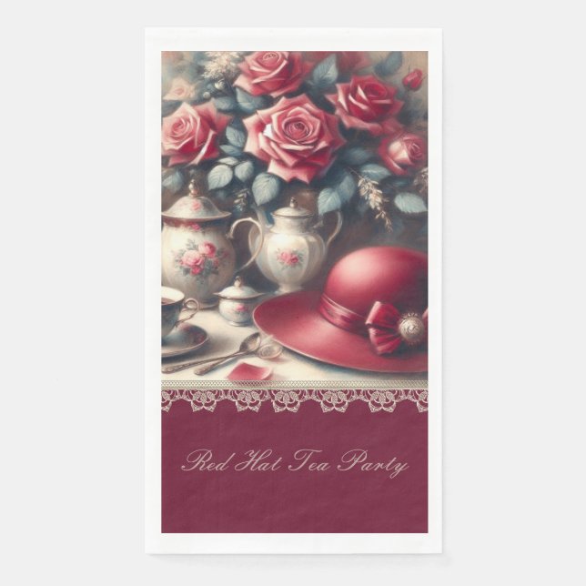 Elegant Vintage Red Rose Hat Tea Party  Napkin (Front)