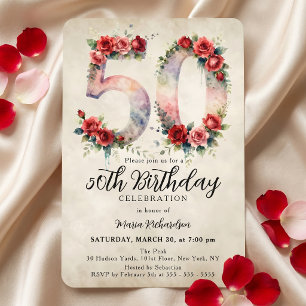 Elegant Vintage Red Rose Watercolor 50th Birthday Invitation