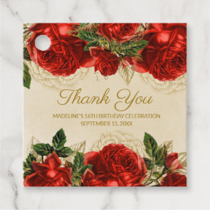 Elegant Vintage Red Roses 16th Birthday Thank You Favour Tags