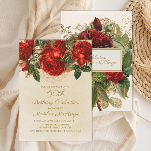 Elegant Vintage Red Roses 50th Birthday Invitation (Elegant red roses on cream 50th birthday invitation)