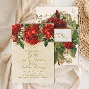 Elegant Vintage Red Roses 60th Birthday Invitation