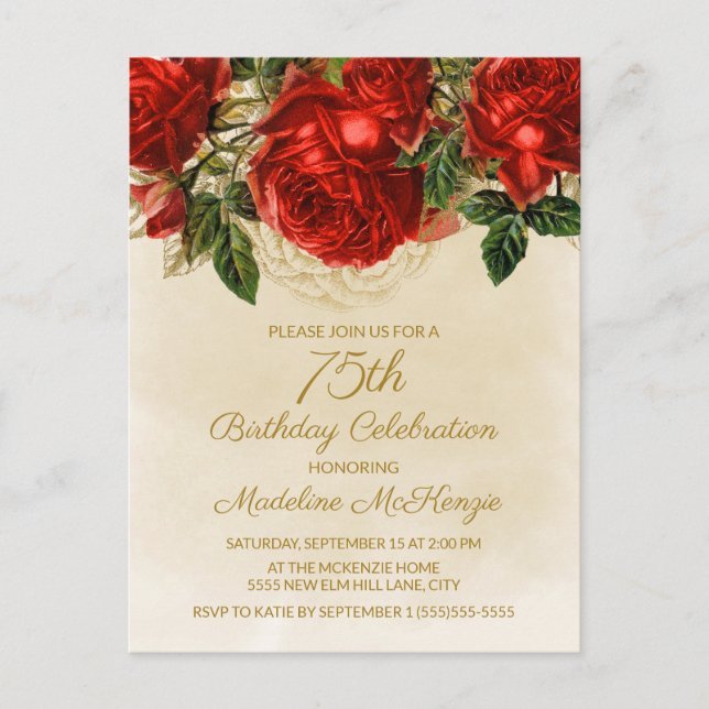 Elegant Vintage Red Roses Champagne 75th Birthday Postcard (Front)